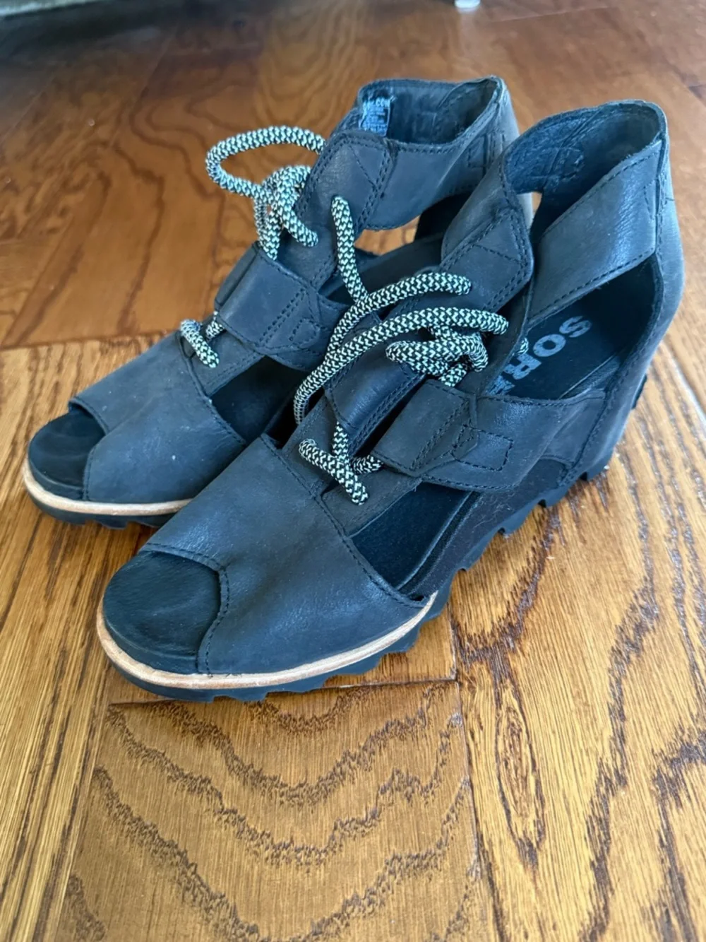 Sorel‎ JOANIE™ Lace-Up Wedge Peeptoe Sandal In Black Size 8.5
